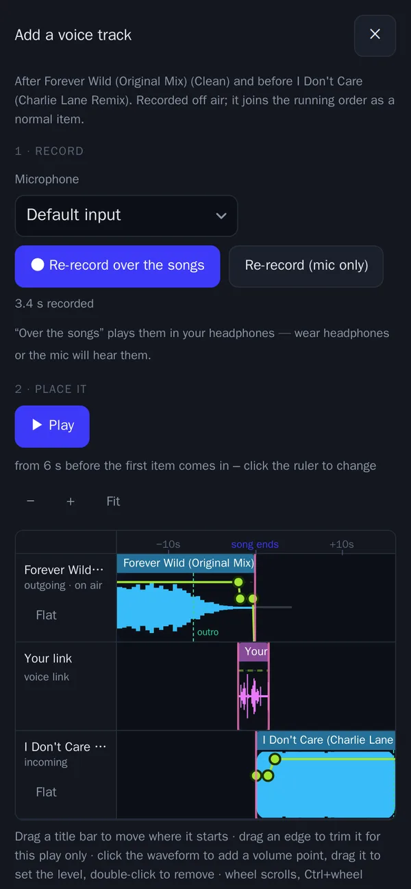 Voice tracking on a phone in Stationhand: a recorded link on the timeline between two songs