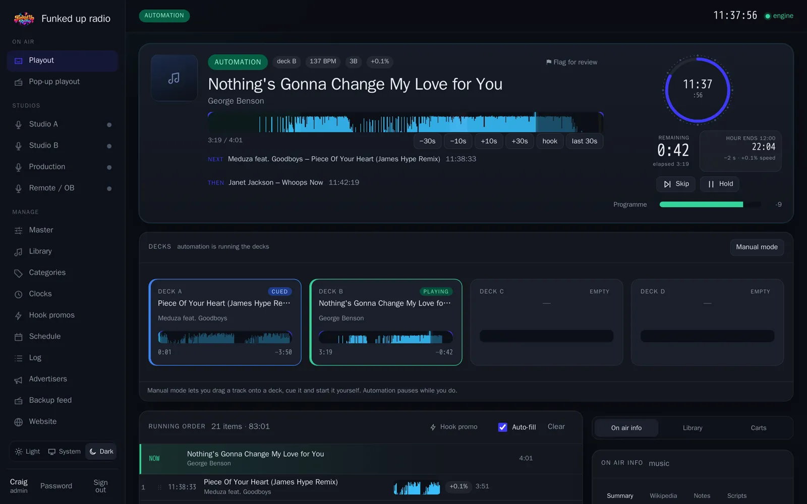 The Stationhand playout console: now playing with waveform, decks and running order