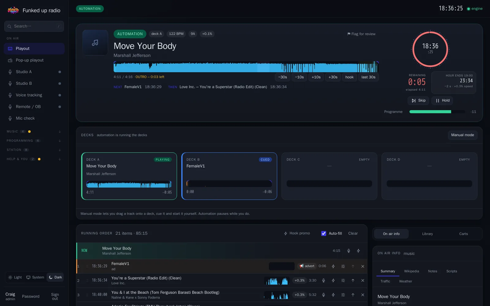 Stationhand's playout screen: the song on air, the clock, what's coming up and the running order