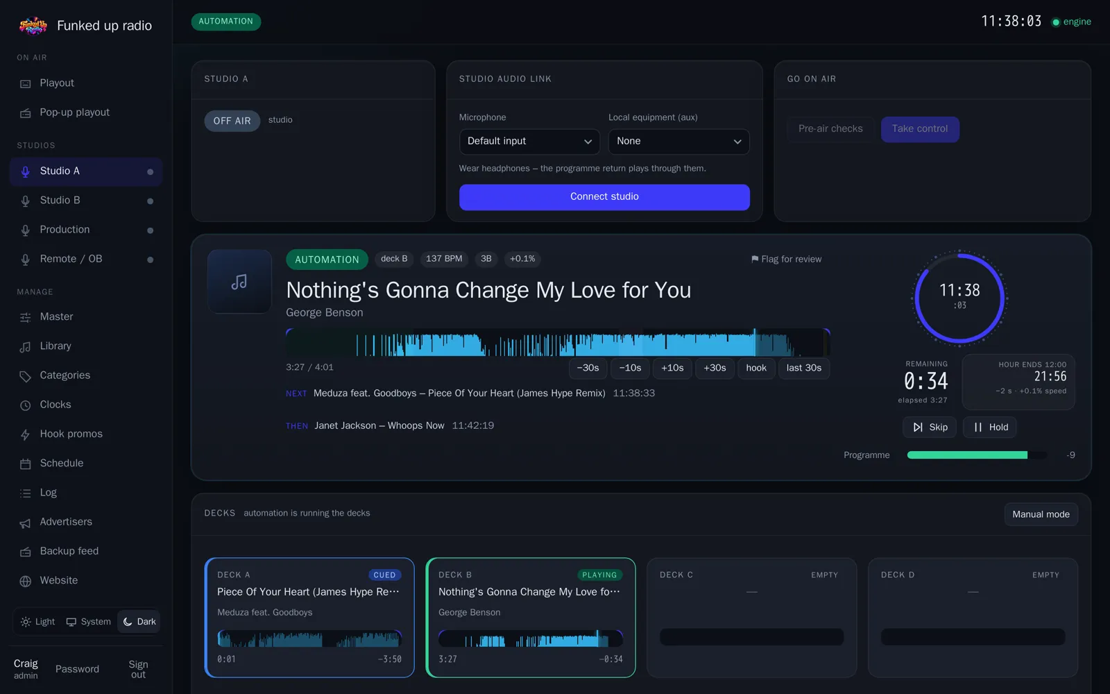 A live studio page with on-air controls
