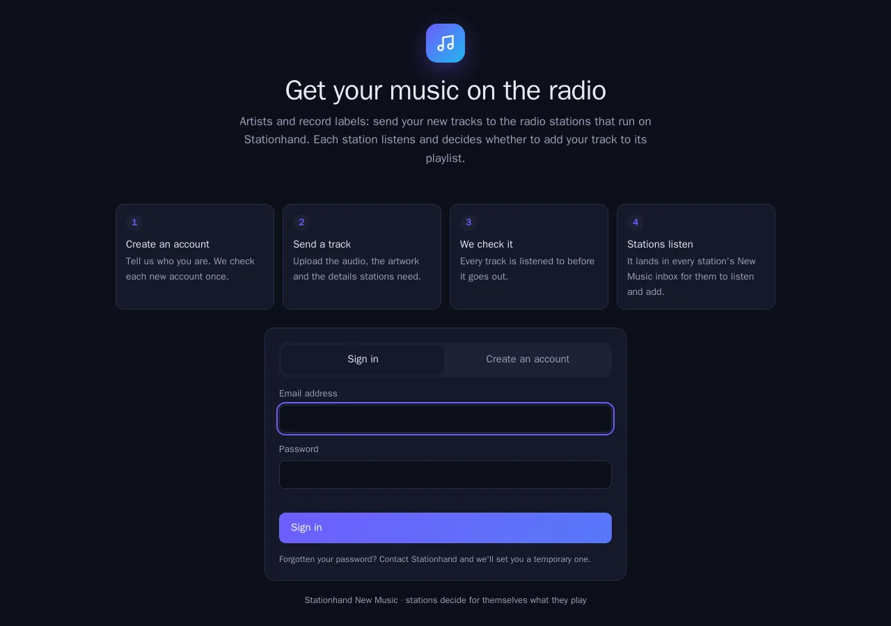 Stationhand New Music: where artists and labels sign in to send their tracks