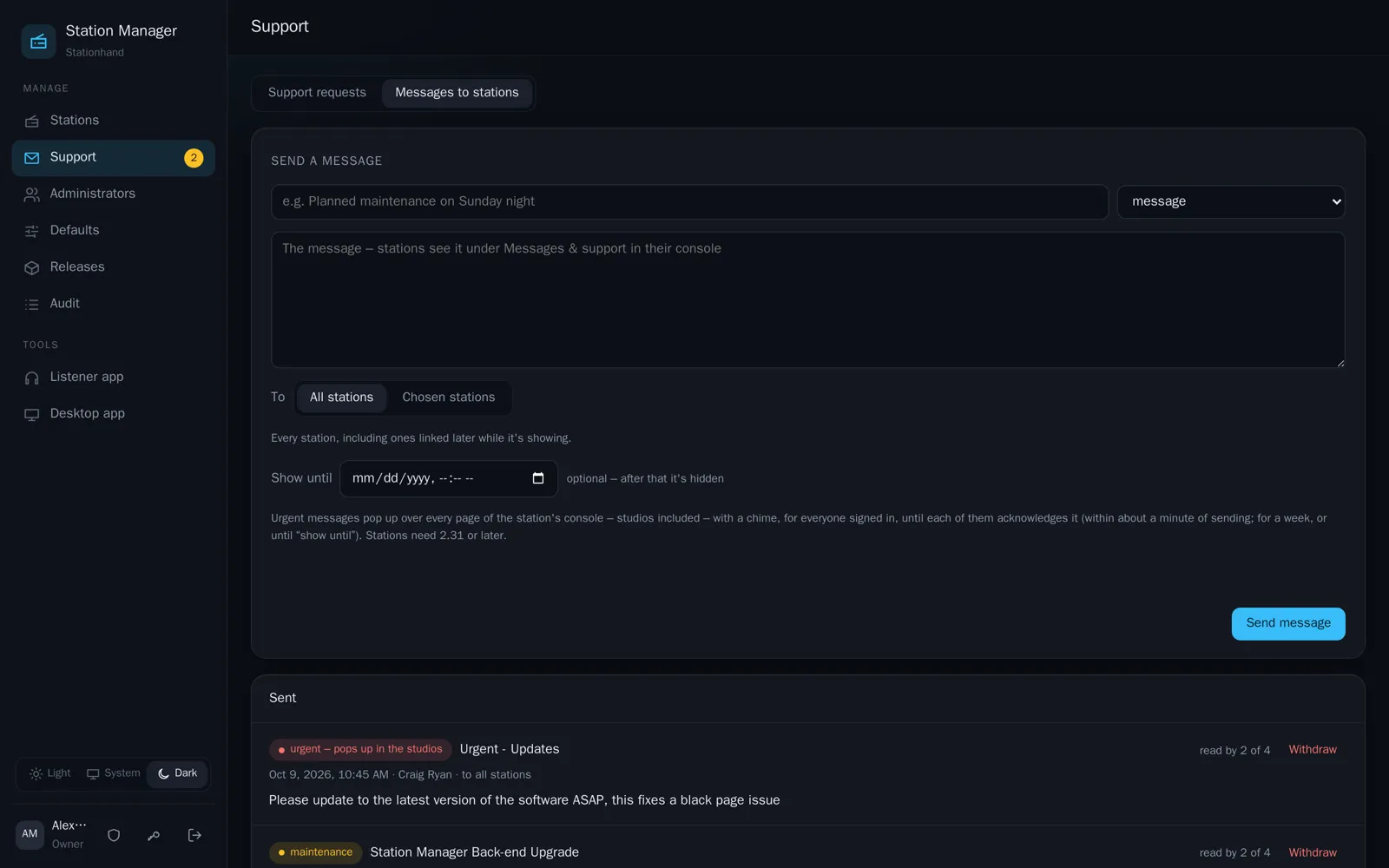 Messages to stations