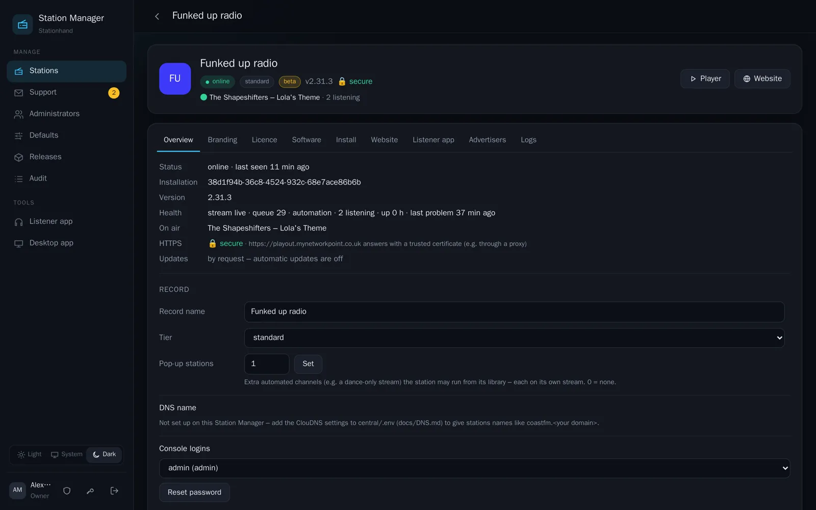 A station's page in the Station Manager