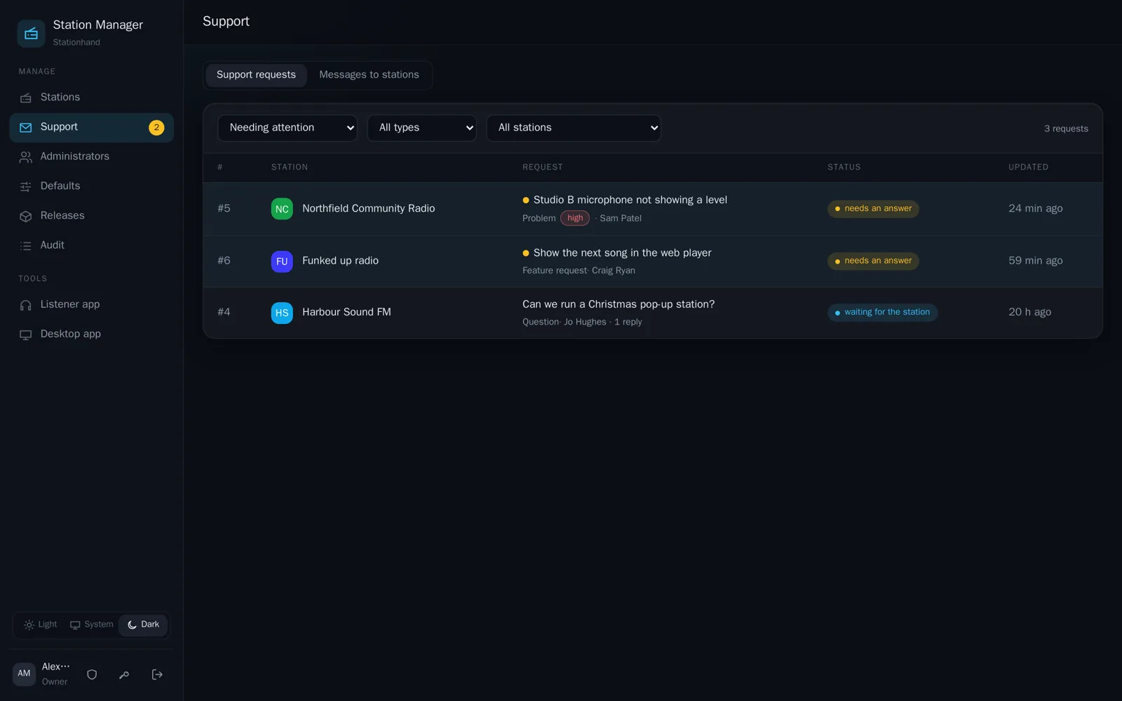 Support requests from stations